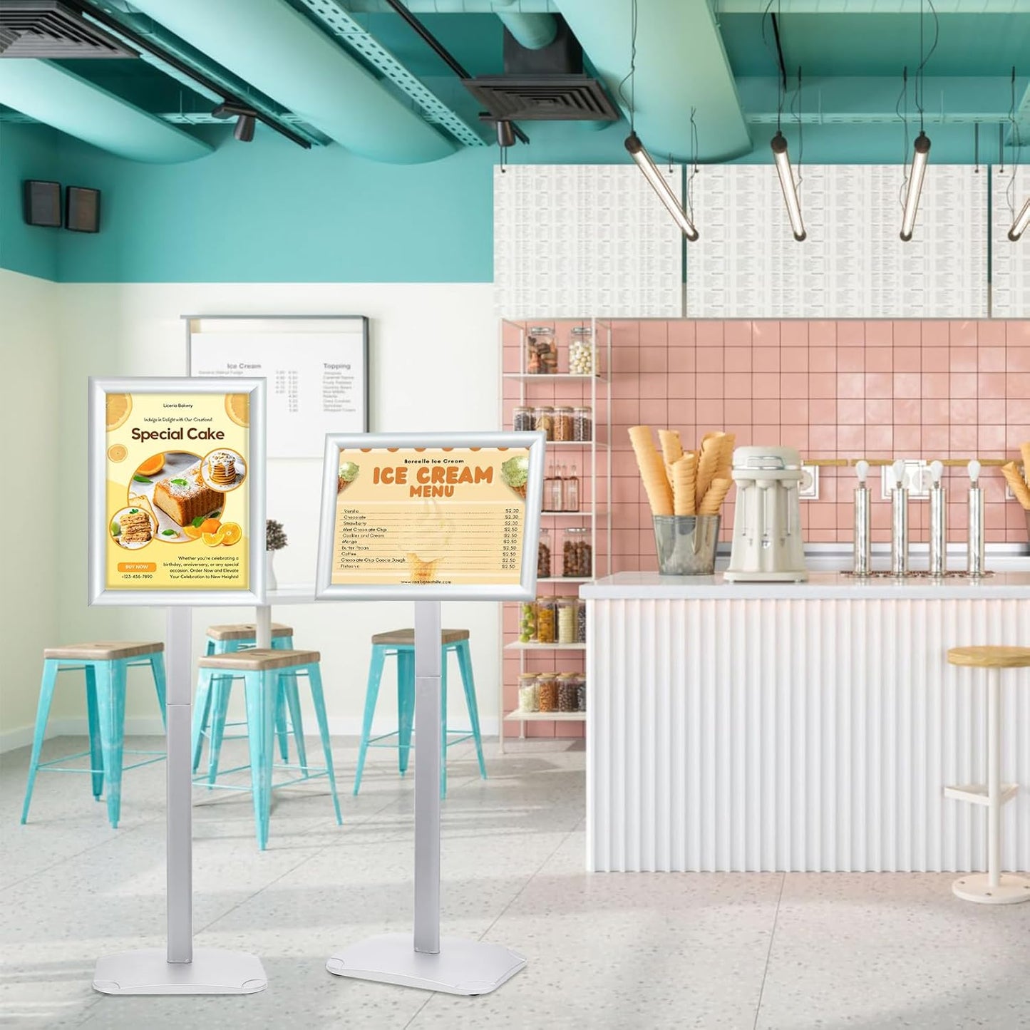 Heavy Duty Pedestal Sign Holder for Display, 8.5 x 11 inches Adjustable Floor Standing Sign Holder with Weighted Base , Vertical and Horizontal View Sign Stand for Indoor/Outdoor Advertising,Silver