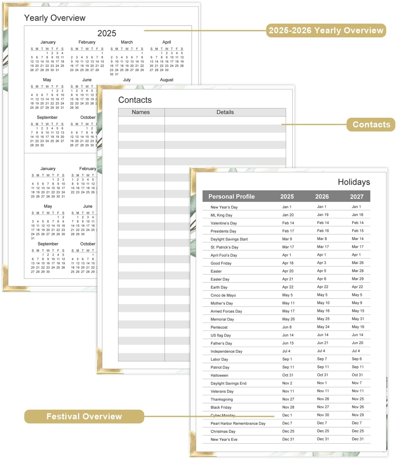 Undated Daily Monthly Planner for 2025 2026 - A5 To Do List with Hourly Schedule, Hardcover Spiral Bound Daily Planner to Increase Focus, Stylish School/Office Supplies, 5.8" x 8.5", Green Leaf