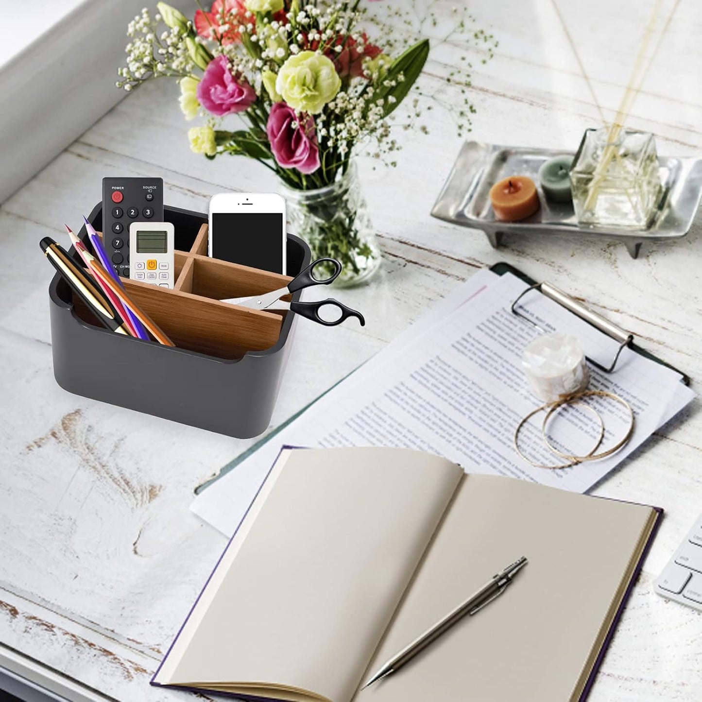 Stylish Desk Organizers and Remote Control Holders in Black, Pen Phone Holder Organizer, Multi-Purpose Caddy Storage Accessories for Office Desktop Coffee Table Bedside Nightstand