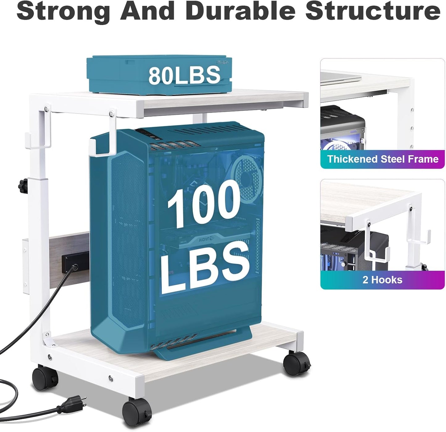 Computer Tower Stand with Charge Station and USB Charging Port - Height Adjustable PC Tower Stand, Under Desk CPU Holder Cart with Locking Caster Wheels for Fits Most PC