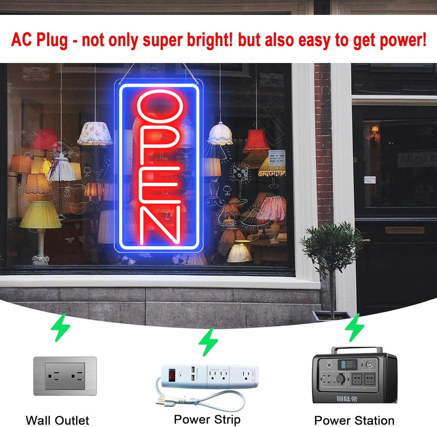 22" X 11" Led Neon Open Signs for Business, Large Open Signs, Plug In Electric Light Up with ON/OFF Switch, Ultra Bright Open Sign for Bar Salon Coffee Stores Club Hotel (Vertical)