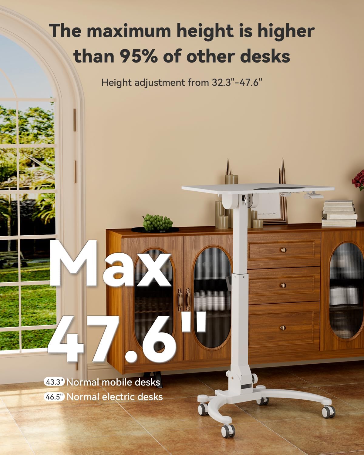 JOY worker Foldable Mobile Standing Desk, Upgraded Height Adjustable Rolling Desk, Max Height 47.6", 90° Tiltable Board & Base, Portable Workstation with Moveable Wheels, Holds Up to 22lbs, White