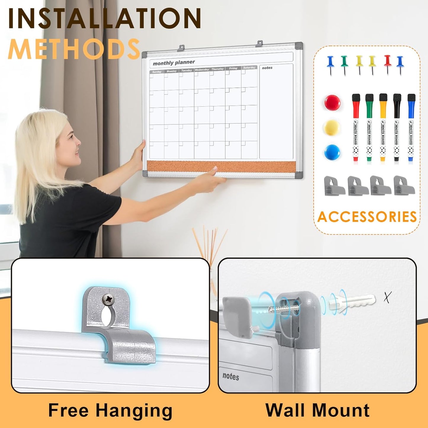 MAKELLO Dry Erase Calendar for Wall 24x18 in, Whiteboard Calendard with Cork Board for Office, Home, School, Family, Kitchen and Bedroom