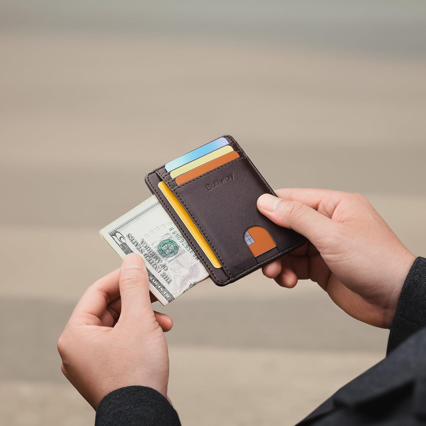 Buffway Slim Minimalist Front Pocket RFID Blocking Leather Wallets for Men and Women - Pebble Brown
