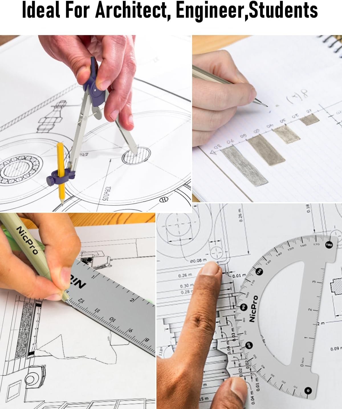 Nicpro 20PCS Professional Geometry Set with Case, Drafting Tools with Protractor and Compass, Metal Rulers, Triangles, Pens, Pencils, Drawing Supplies, Drafting Kit for Architect Engineer Students