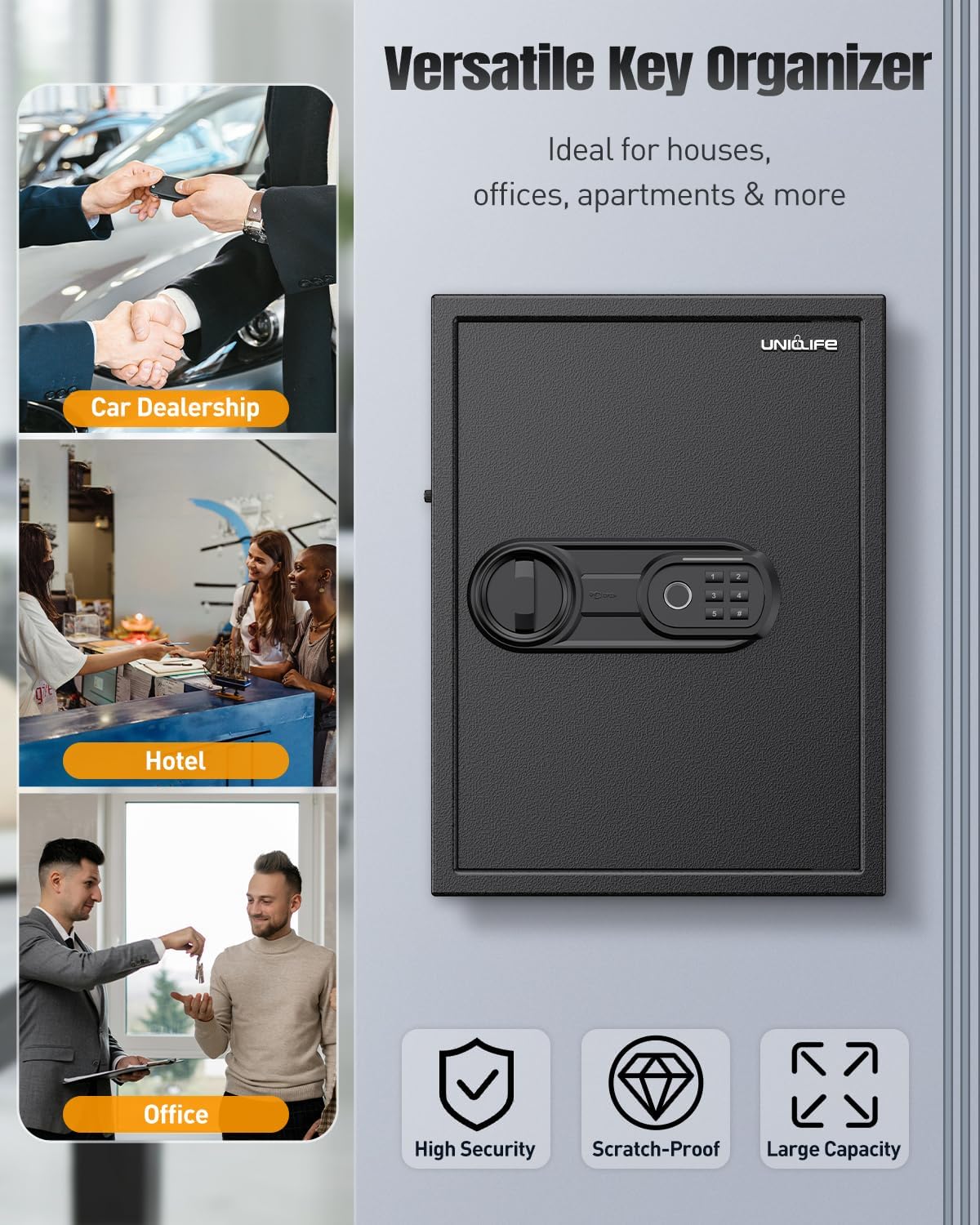 Uniclife 71 Position Key Box, Wall Mount Key Lock Box with Code and Key Lock, Fingerprint Key Cabinet with Anti-Theft Key Drop Slot & Keypad, Keys Safe for Office Hotel & Company