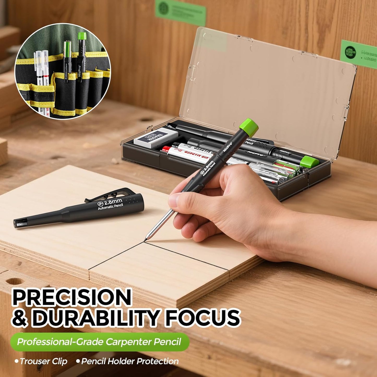 Nicpro Carpenter Pencil with Sharpener & Belt Clip, CP3000 Mechanical Pencils with 6 Refills in a Lead Dispenser, Deep Hole Long Nib Marker Pens for Construction, Woodworking Marking Carpenter Tools