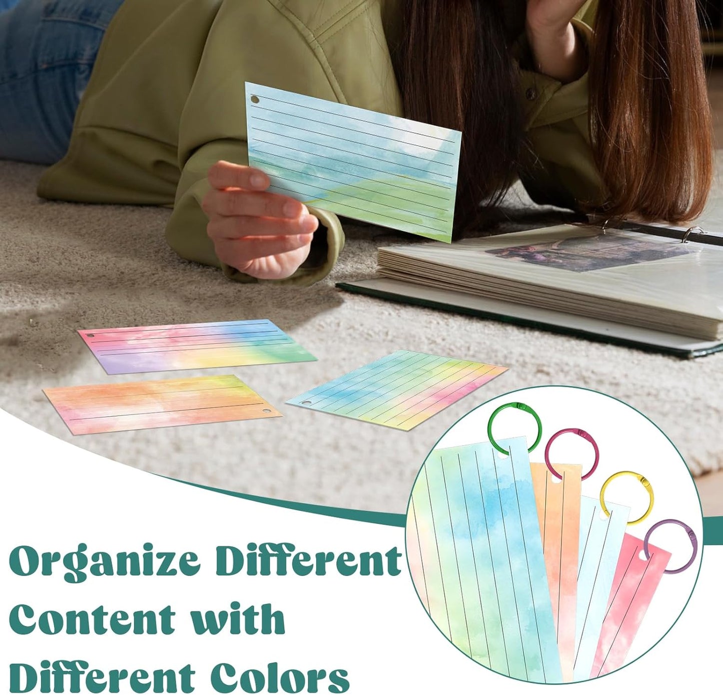 1000 PCS Colored Index Cards with Hole Lined Flash Cards with Binder Rings Watercolor Notecards with Rings 3x5 Study Cards Flashcards for Home School Office Supplies