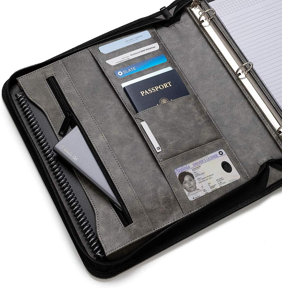 Padfolio Binder - Professional Faux Leather Travel Organizer Pouch for Tablet, Documents, Presentation Folders, Zipper Closure, Detachable 3-Ring Notepad - Gray