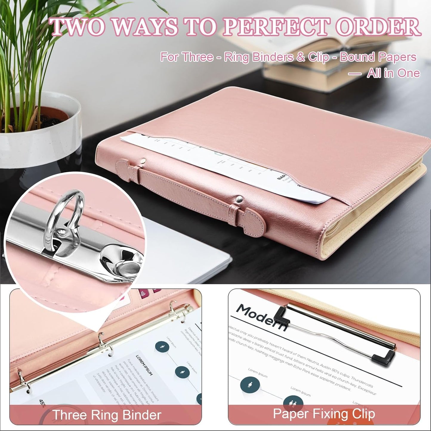 Faux Leather Portfolio Binder with Handle & Clipboard, Zippered Padfolio Folder Organizer 3 Ring Binder for Document, Business Card Holder, Professional Portfolio Notebook for Men & Women (Rose Gold)