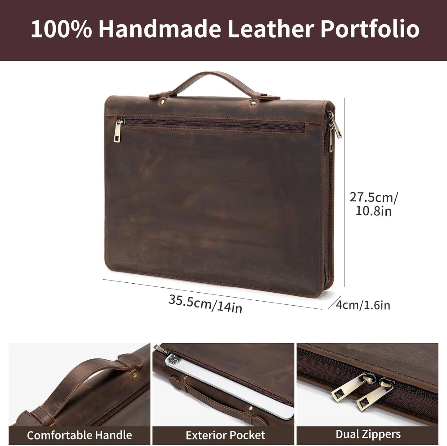 Personalized Genuine Leather Portfolio with Hidden Handle, Zippered Front Pocket, 8.5 x 11 Notebook Holder, Custom Engraved Business Legal Padfolio Travel Folio for Men Women, Dark Khaki