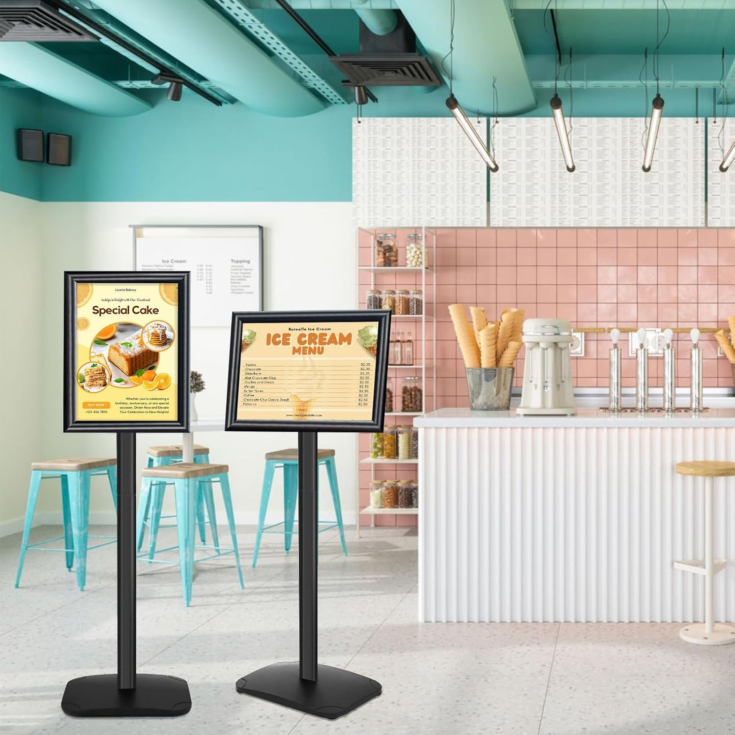 Heavy Duty Pedestal Sign Holder for Display, 8.5 x 11 inches Adjustable Floor Standing Sign Holder with Weighted Base , Vertical and Horizontal View Sign Stand for Indoor/Outdoor Advertising,Black