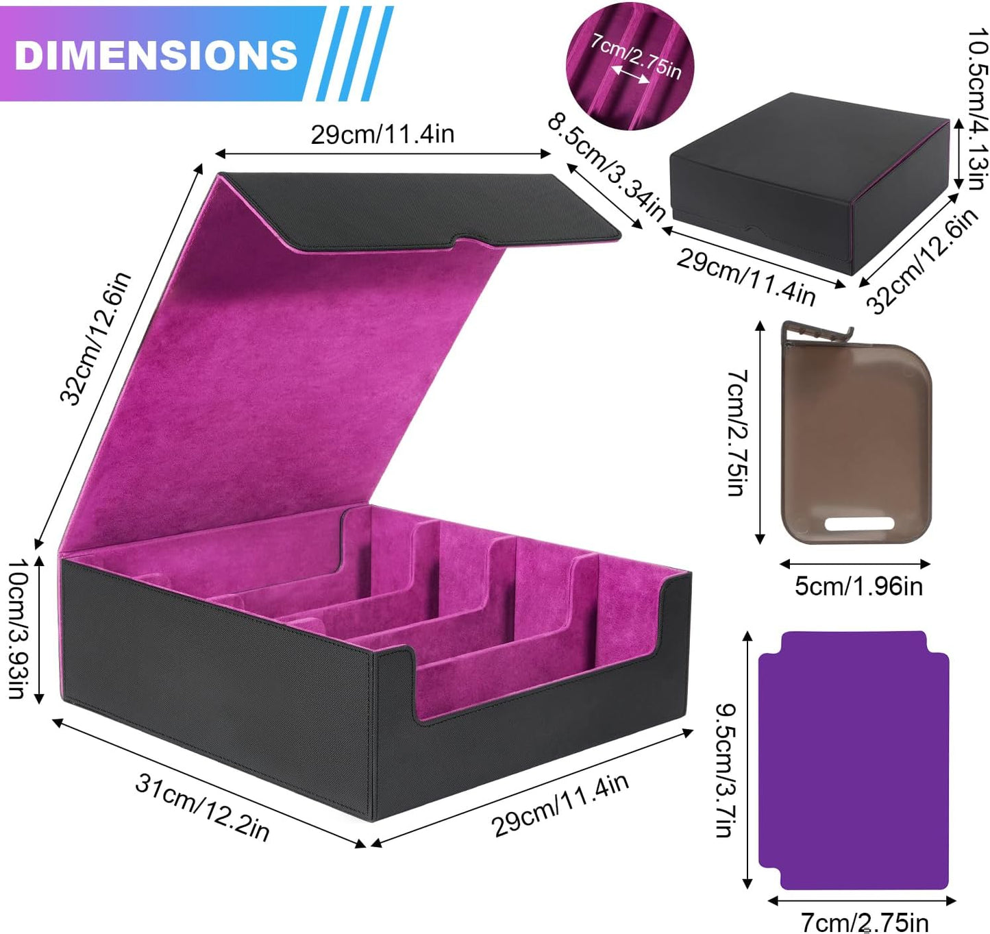 3000+Trading Card Storage Box, PU Leather Organizer Case With 24 Dividers, Magnetic Closure, 4 Supporters, For Game Sports Card,Purple