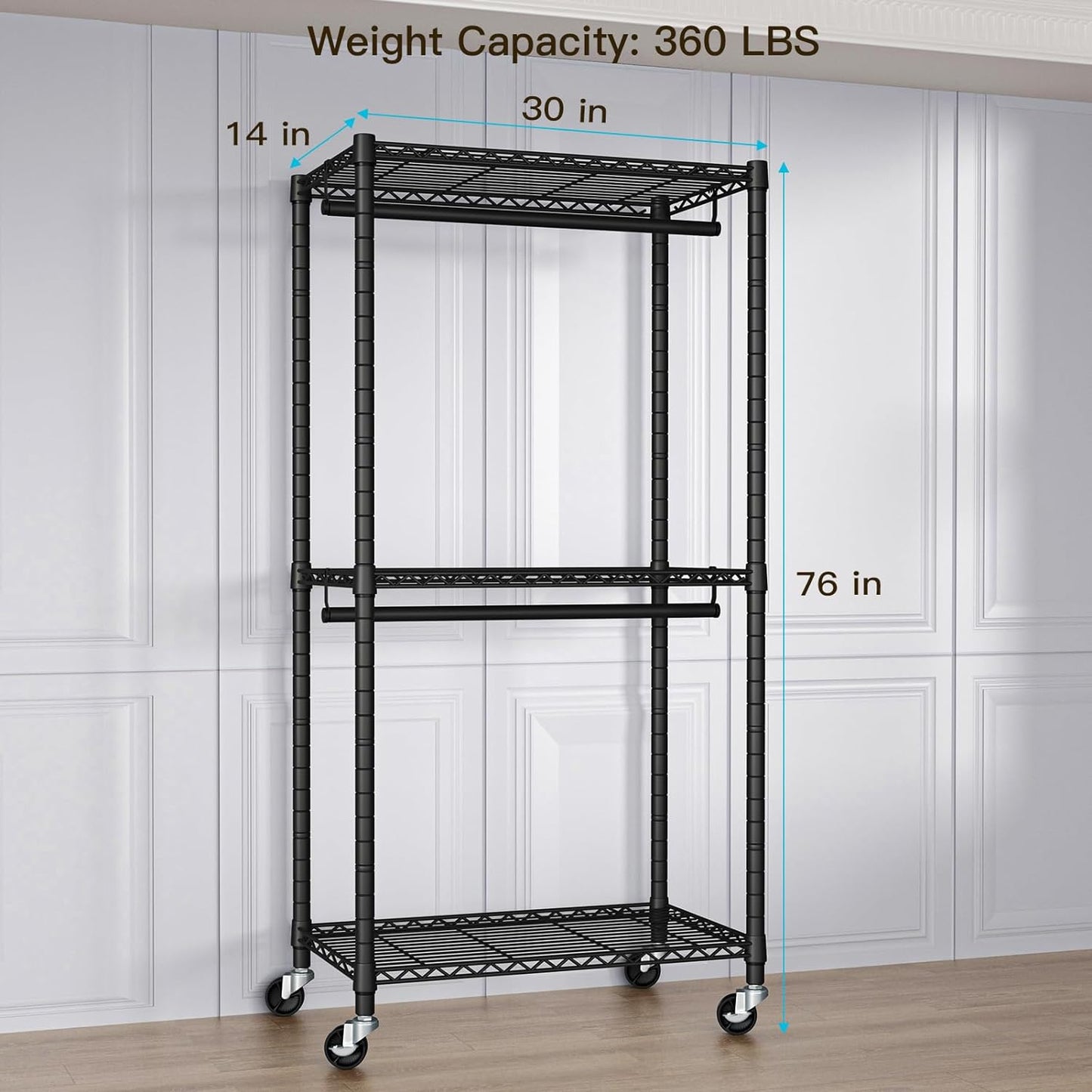 Heavy-Duty Portable Closet, 30"W x 14"D x 76"H, Black, Carbon Steel