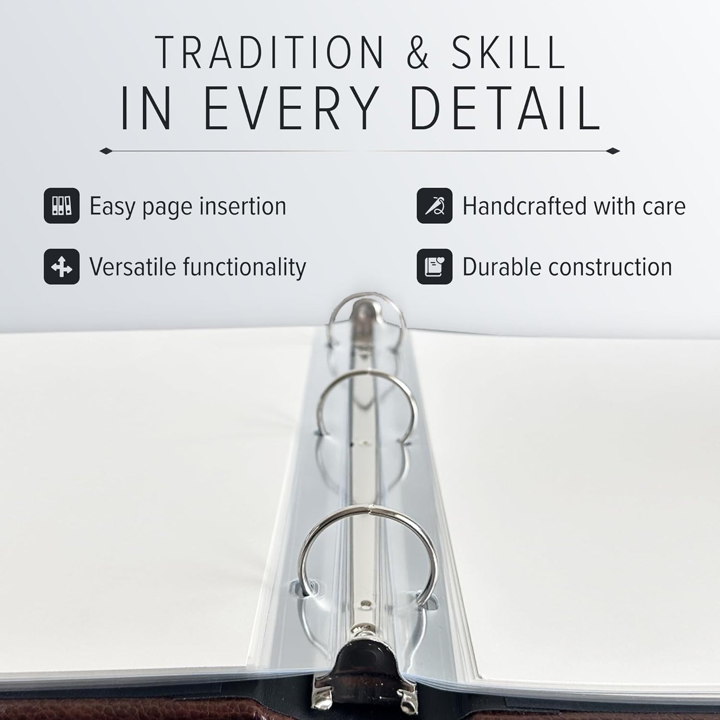 Gallery Leather 3 Ring Binder with Plastic Sleeves, Includes 10 Sheets, Sheet Size: 8.5" x 11" - Presentation Binder Rings with Window and Hubbed Spine, Thick: 0.75" Freeport Slate