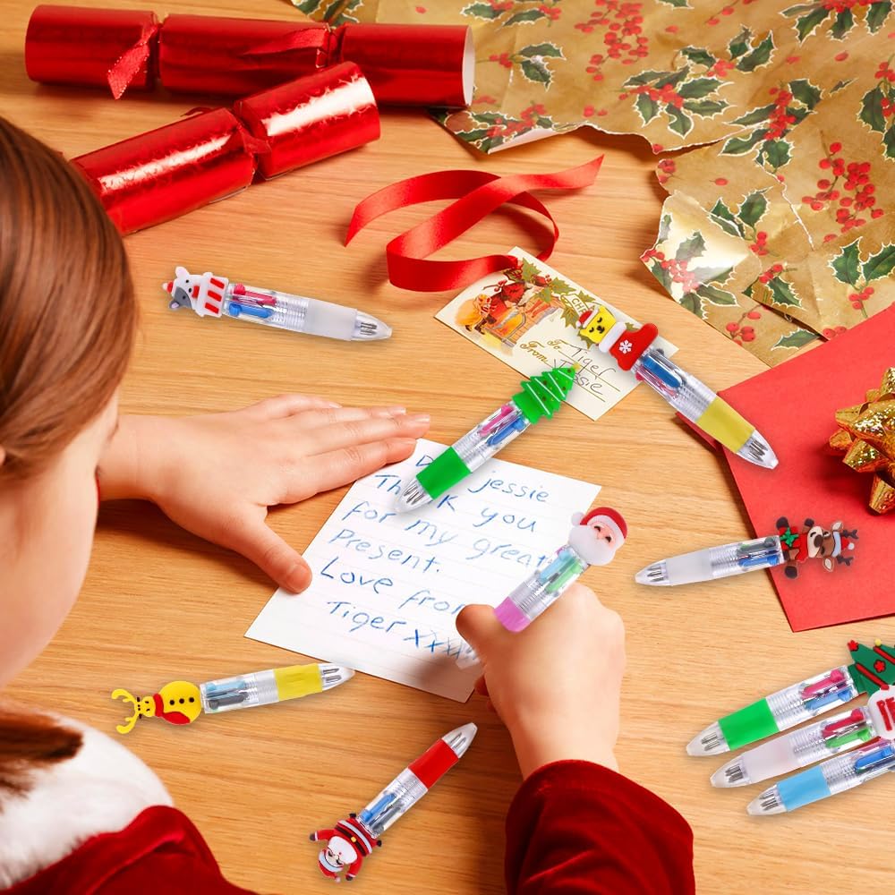 24PCS Christmas Multicolor Ballpoint Pens 4 Colors in 1, Retractable 0.7mm Cartoon Cute Fun Pens for Kids Santa Snowman Writing Pens for Holiday Party School Supplies Students Rewards