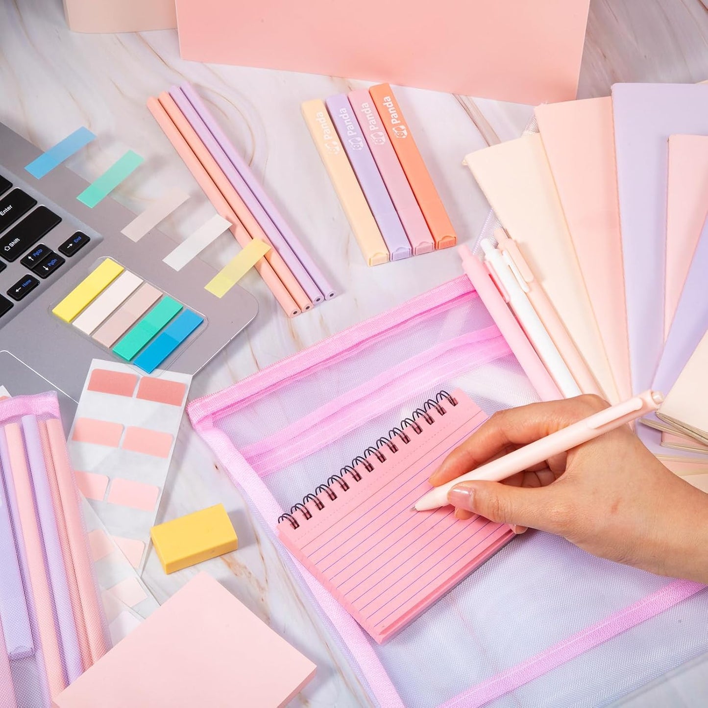 Colarr 54 Pieces Aesthetic School Supplies Including Pastel Highlighters Document Bags Pencils Notebooks Pencil Pouch Ink Pens Sticky Notes Erasers Back to School Gift Stationary Kit (Pink)