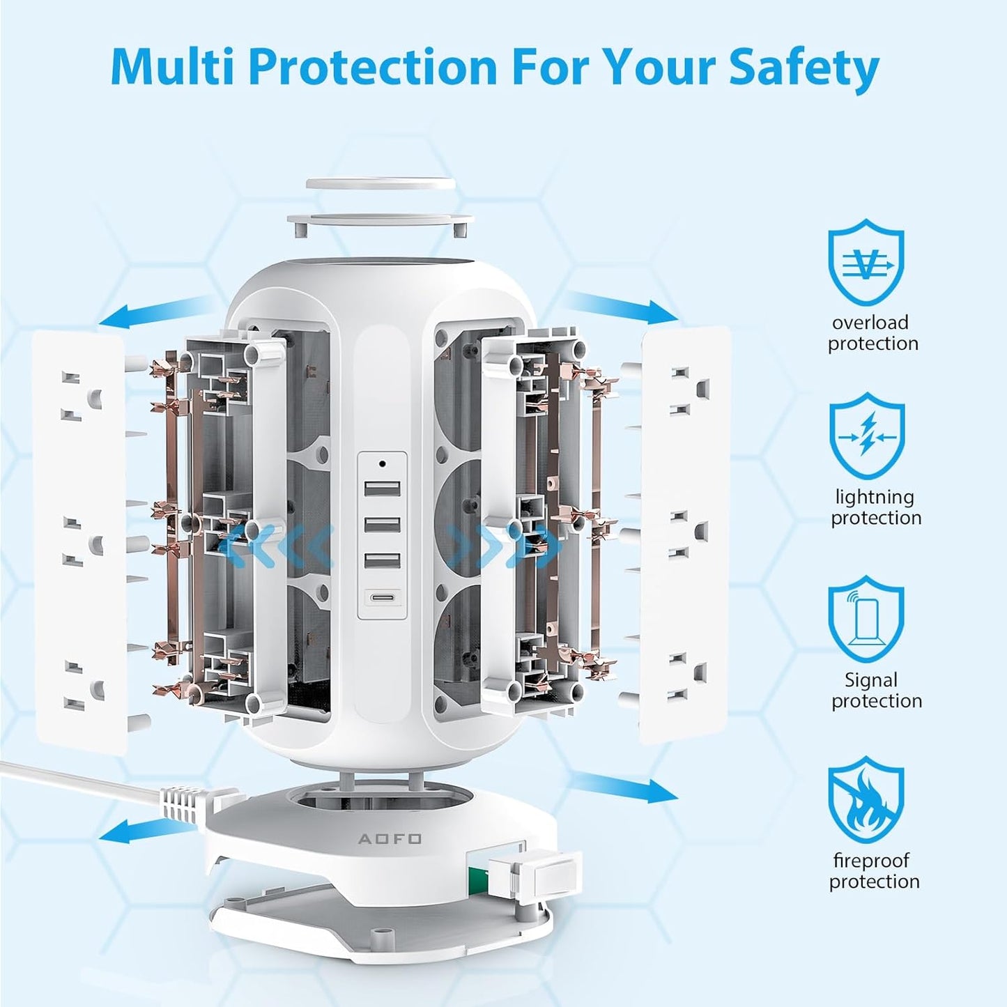 15 ft Long Extension Cord Power Strip Tower,AOFO Surge Protector 12 AC Outlets 4 USB(1 USB C) Ports, Charging Tower Overload Protection with Multiple Outlets for Home Dorm Office