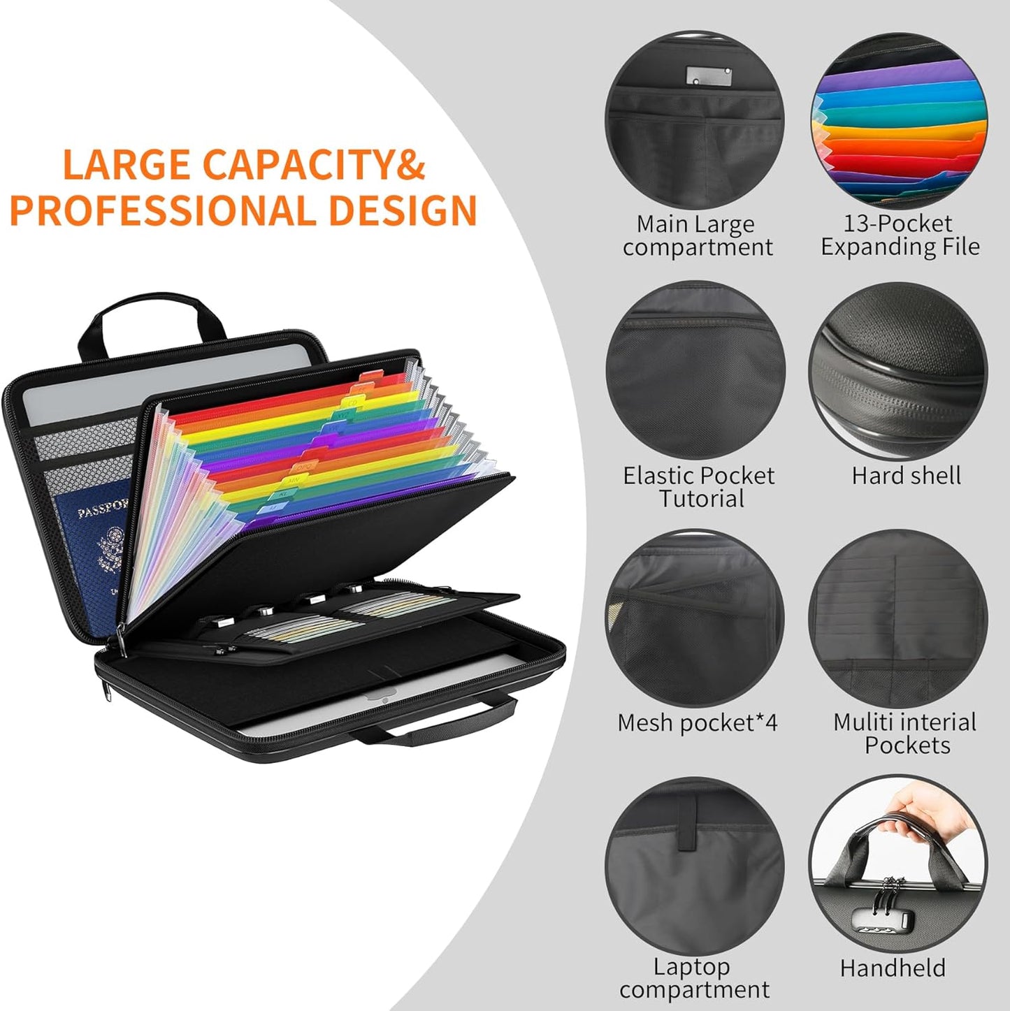 Fireproof Document Box Hard-shell with password lock Accordion File Organizer Comes With 13 Pockets File Box Used For Passports, Certificates, Laptops, Cash, And Important Documents