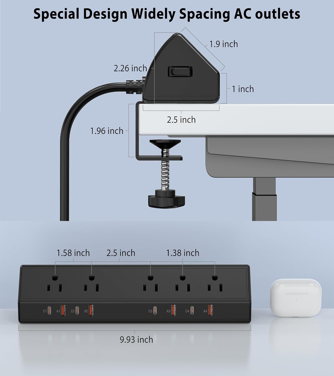 Desk Clamp Power Strip 65W Fast Charging Station,4 PD USB-C,5 Outlets,Nightstand Desk Edge Mount Tower Surge Protector,15 Amp Heavy Duty Power Strip,Fits 1.96" Tabletop Edge (Black, 6 FT Cable)