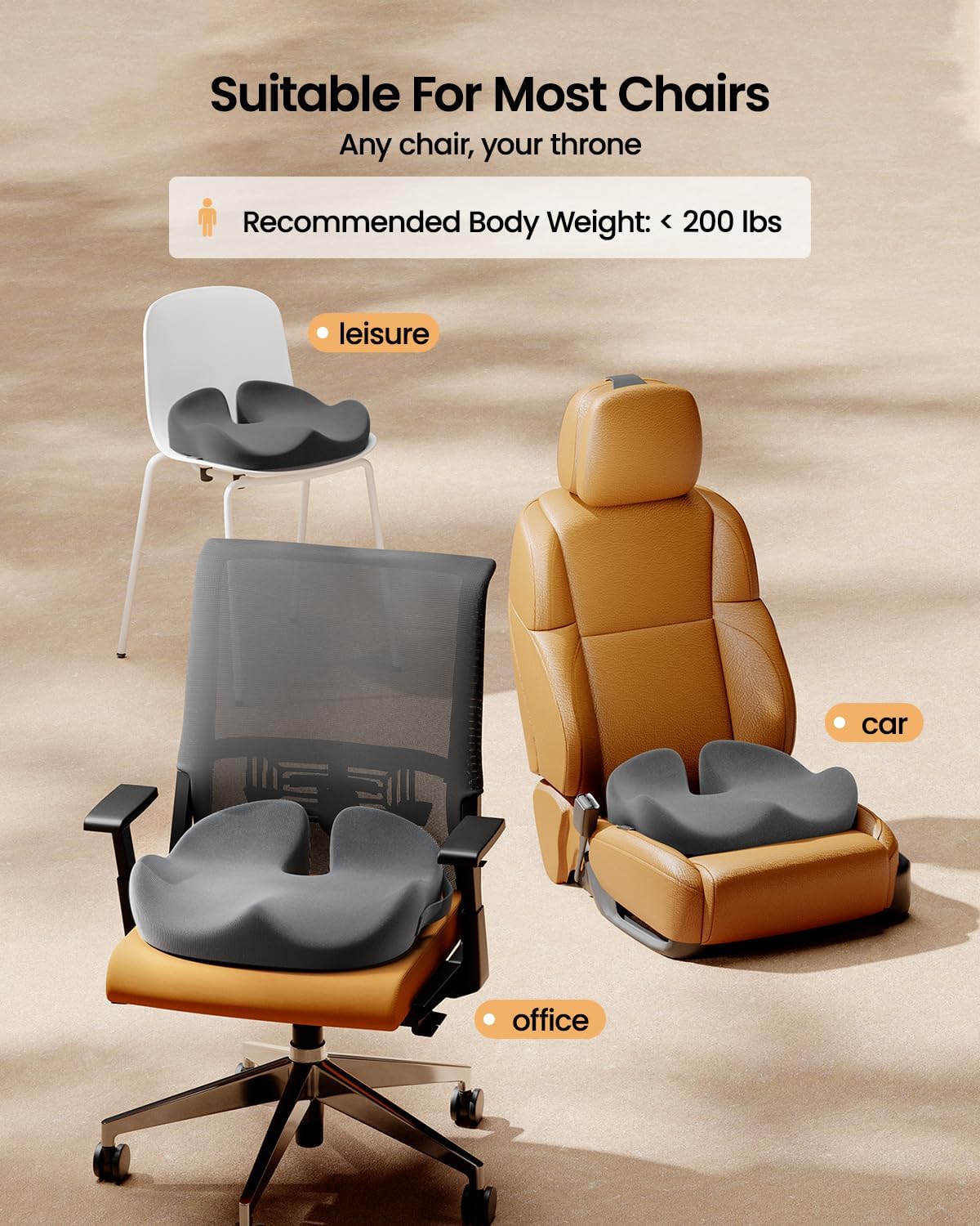 ProtoArc Seat Cushion, Office Chair Cushion for Sciatica, Coccyx Cushion, Ergonomic Memory Foam Seat Cushion for Car, Home, Pressure Relief Pad for Hip, Tailbone, All Day Comfort - Dark Gray