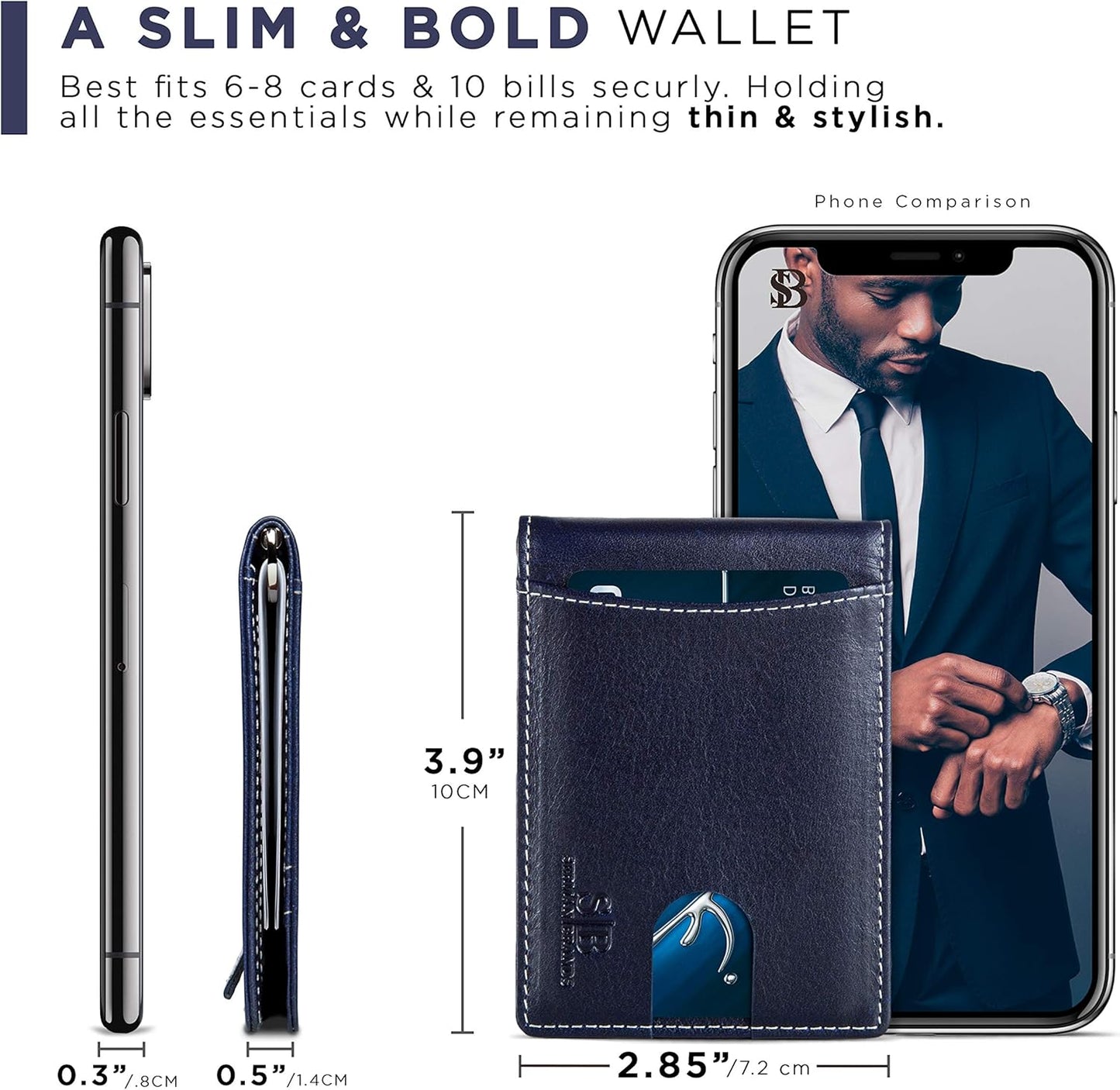 SERMAN BRANDS RFID Blocking Slim Bifold Genuine Leather Minimalist Front Pocket Wallets for Men with Money Clip Thin Mens