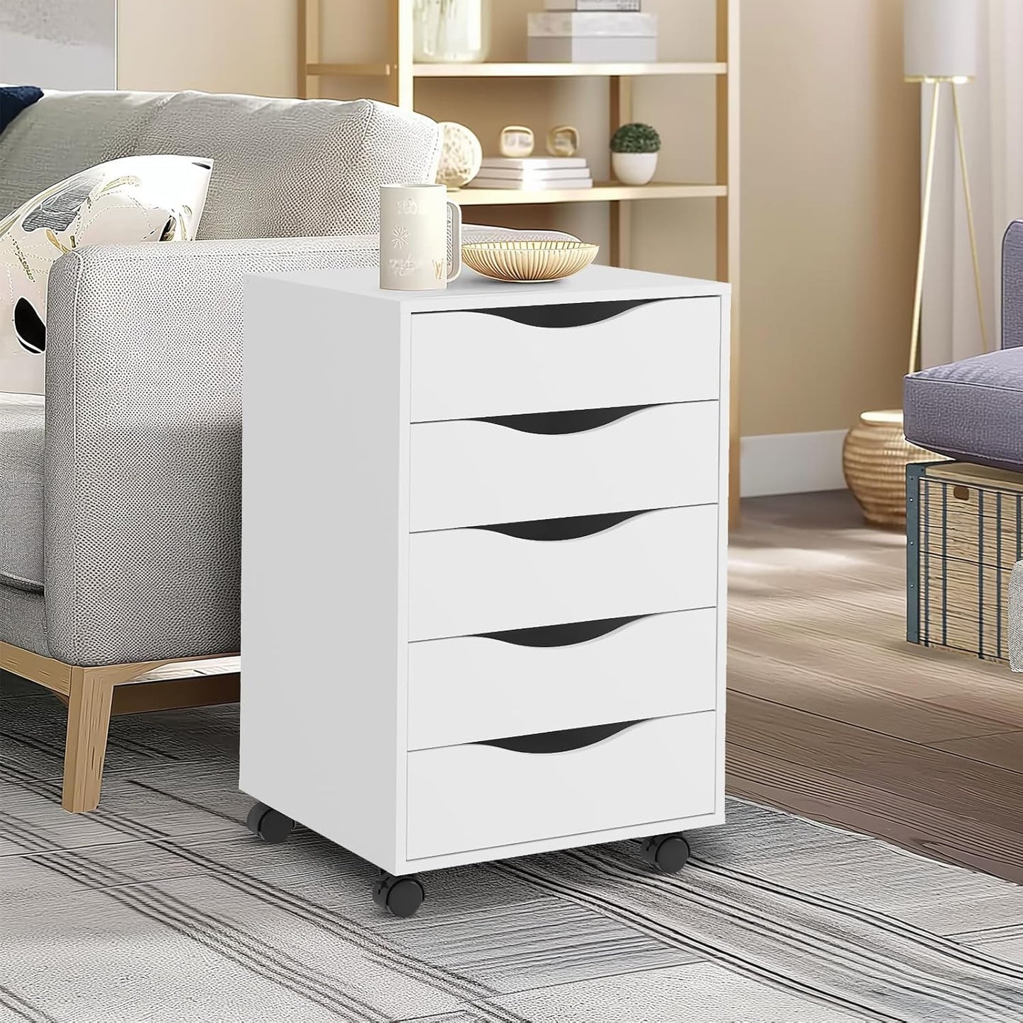 QDSSDECO 5 Drawer Chest Wood File Cabinet Rolling Storage Dresser with Wheels for Home Office, White