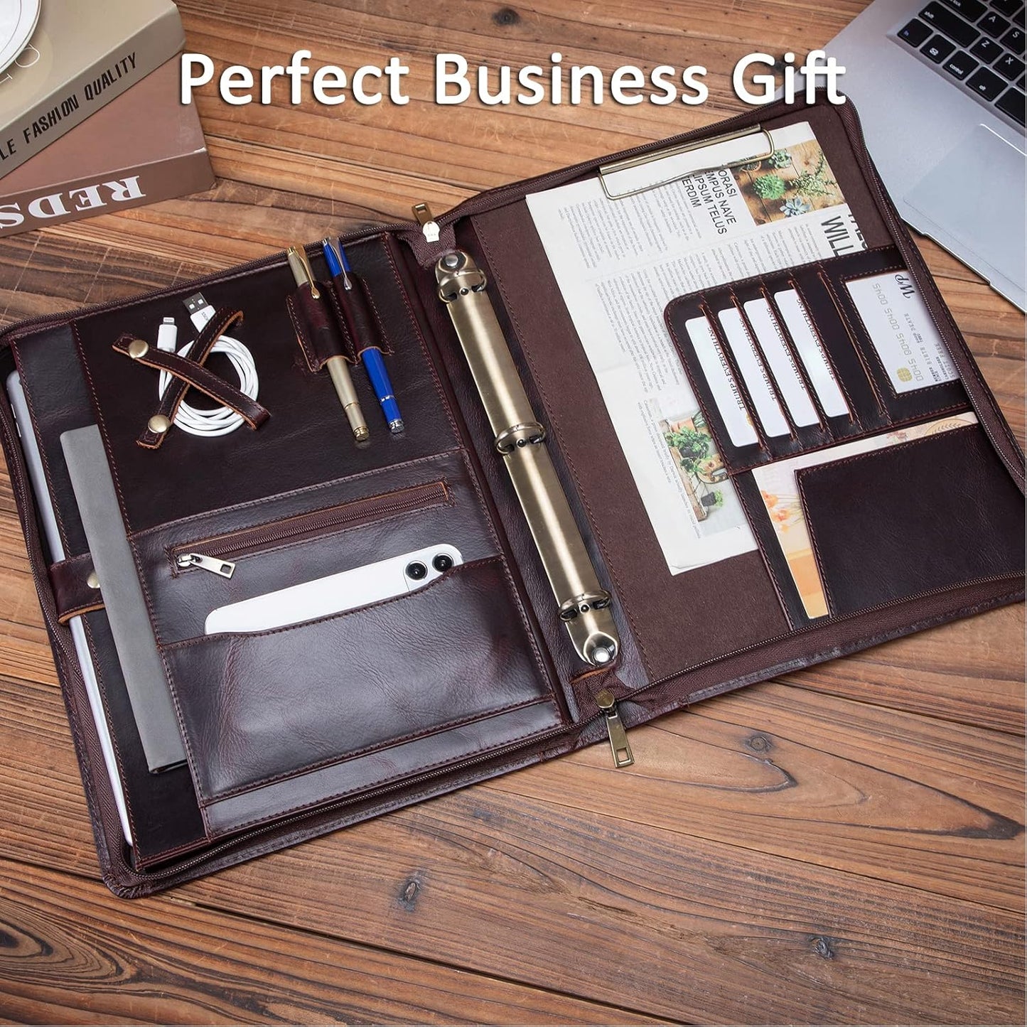 Personalized Genuine Leather Portfolio 3 Ring Binder with Clipboard, Hidden Handle, Custom Engraved 8.5 x 11 Zip Padfolio, Business Professional Organizer for Men Women, Dark Brown, Oil Tanned