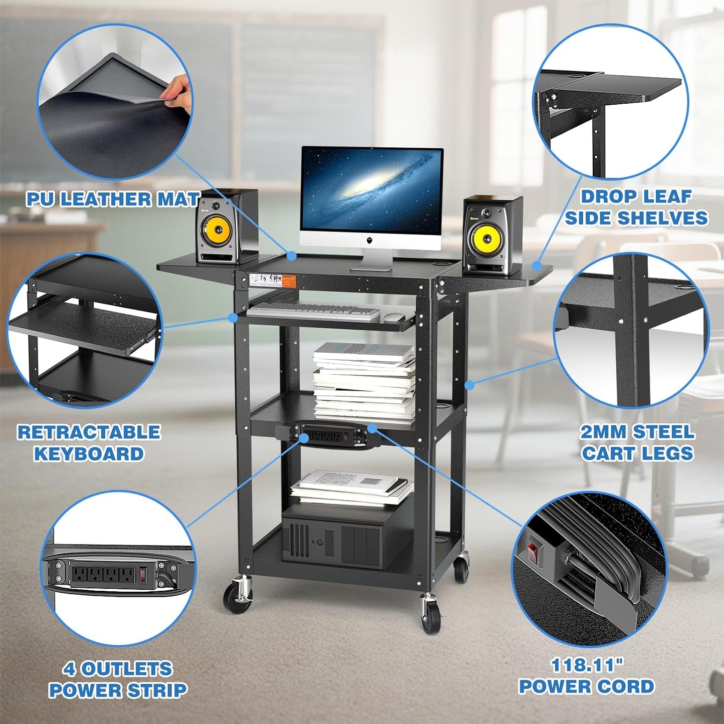 Large Steel AV Cart with Power Strip & Drop Leaves - Height Adjustable Metal Madia Cart with Wheels - Heavy Duty Rolling Computer Workstation for Laptop Projector Printer TV, Black (46" x 18")