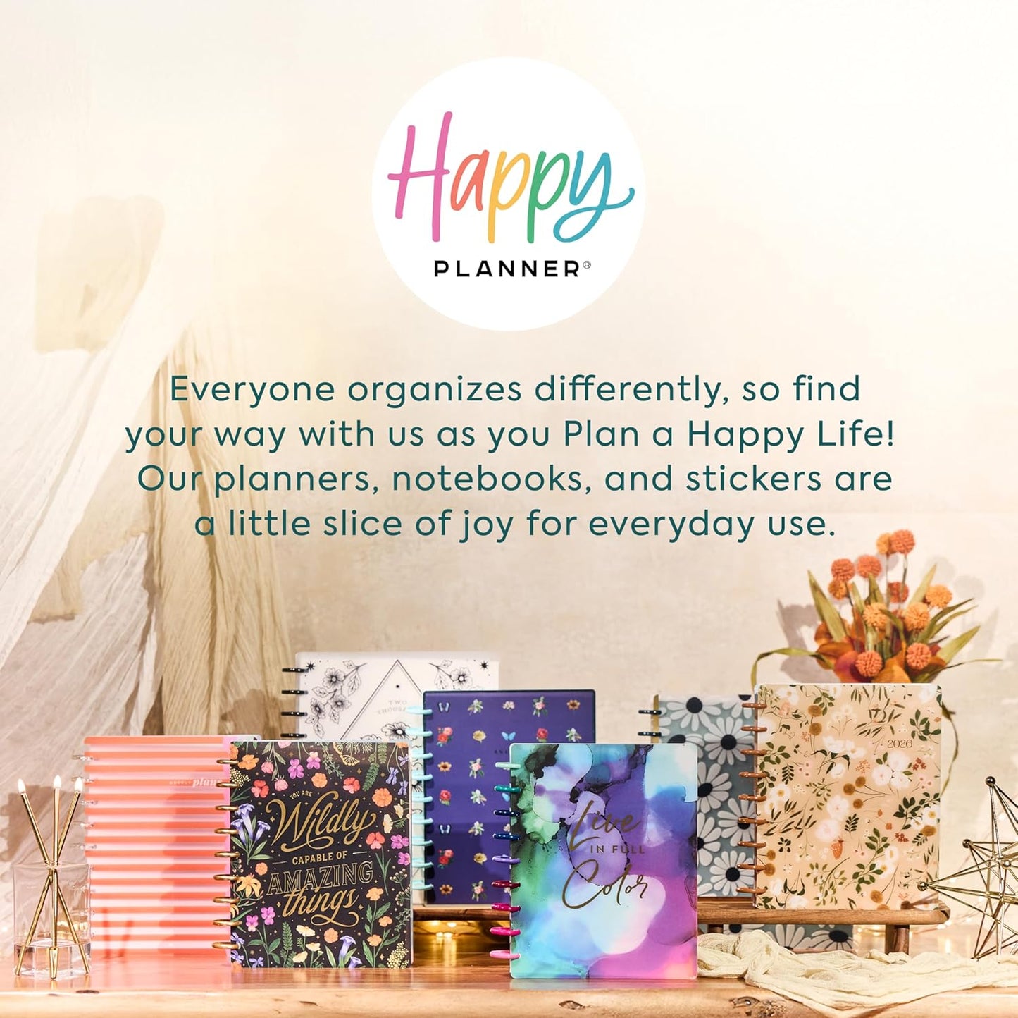 Happy Planner Disc-Bound Planner Jan.–Dec. 2026, Includes 3 Extra Months and 2 Sticker Sheets, Classic Size, 7" x 9.25", Dashboard Layout, Blue Botanical Year