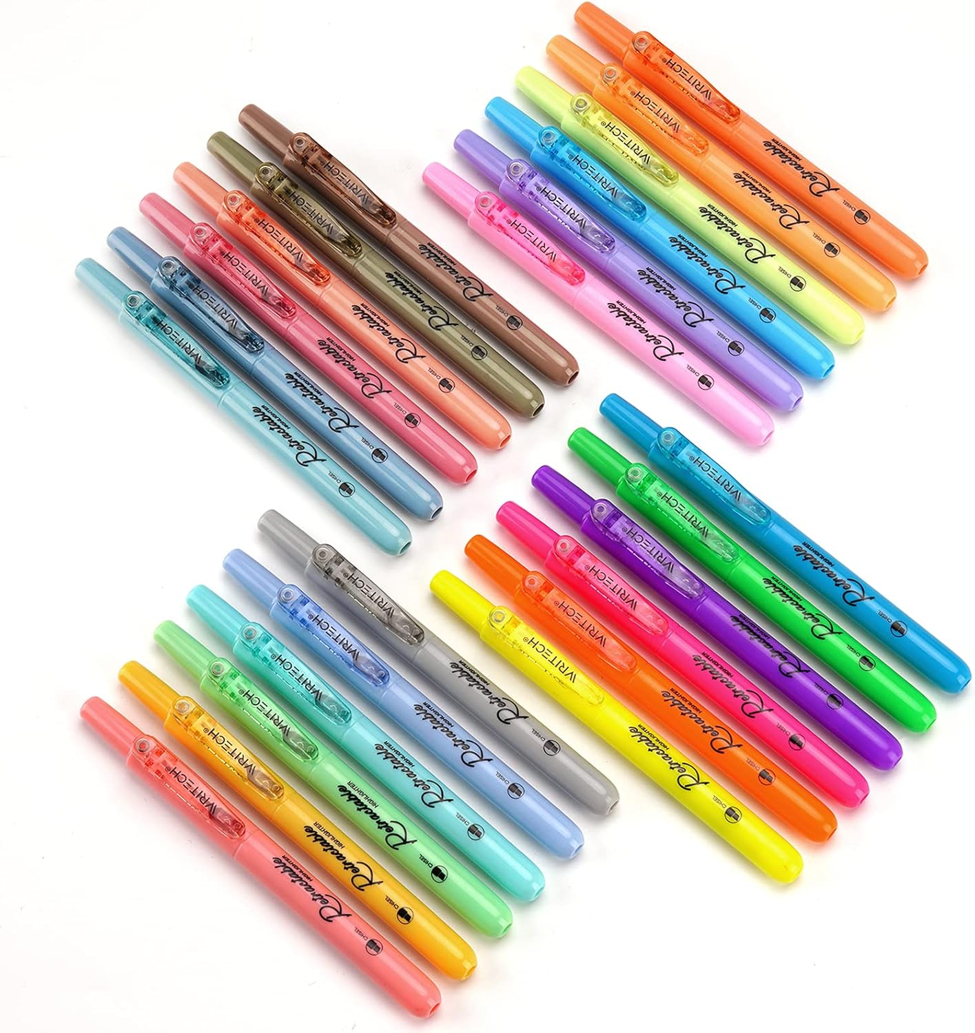 WRITECH Retractable Highlighters Assorted Colors: Chisel Tip Click Aesthetic Highlighter Marker Pens Pack Multi Colored Ink No Bleed Smear for Highlighting Journaling (24ct Mild+Vintage+Neon+Pastel)