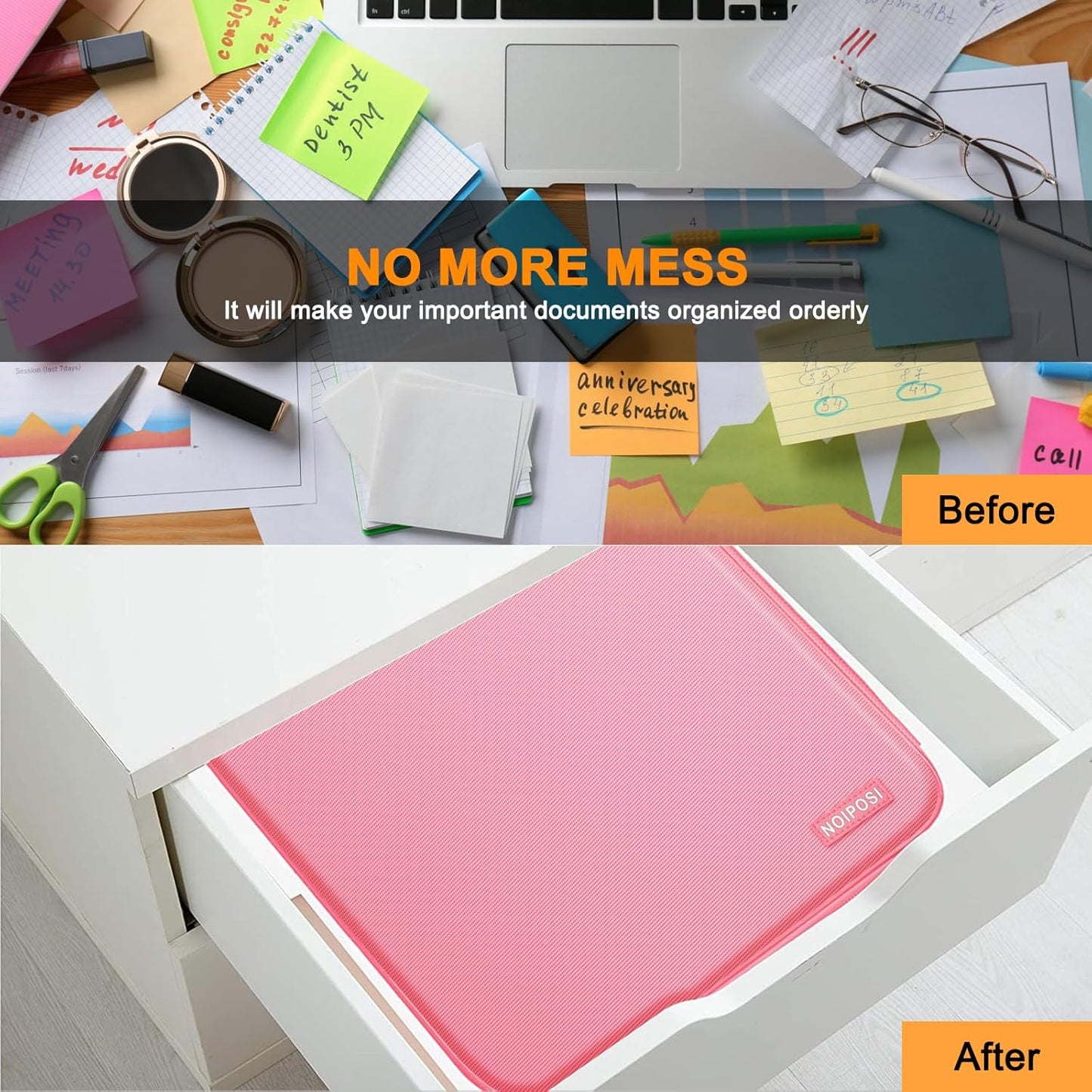 Noiposi Document Organizer with 5200℉ Heat Insulated,Waterproof and Fireproof Document Box,Portable Home Travel Safe Storage Box for Important Documents,File and Birth Certificate,Pink
