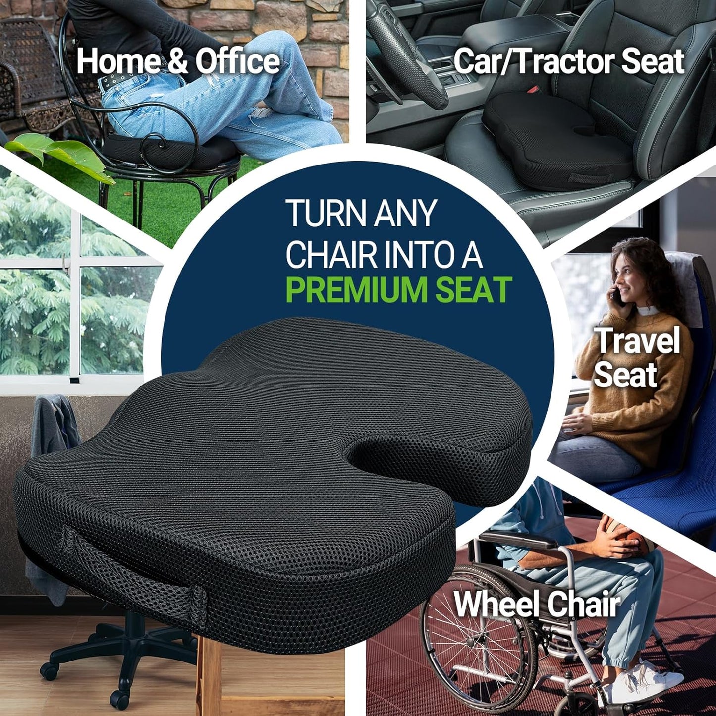 Gel Seat Cushion for Car Office - Memory Foam Pain Relief Chair Pillow Cushions - Tailbone Sciatica Coccyx Butt Lumbar Support Pad for Sitting Driving Traveling, Mesh, Black