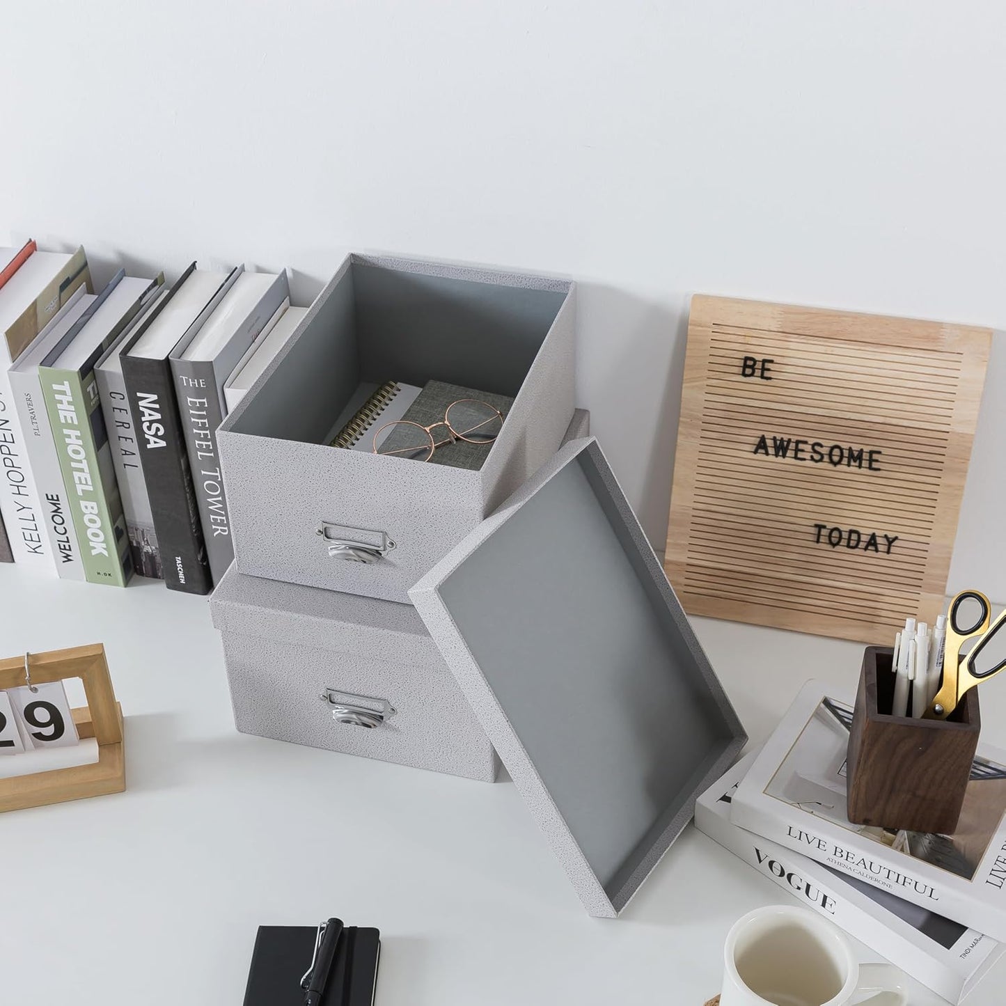 Soul & Lane Decorative Cardboard Storage Boxes with Lids, Set of 2 Stacking Keepsake Photo and Memory Boxes for Home & Office, Paperboard Organizers with Label Holders and Drawer Pulls, Cloud Gray