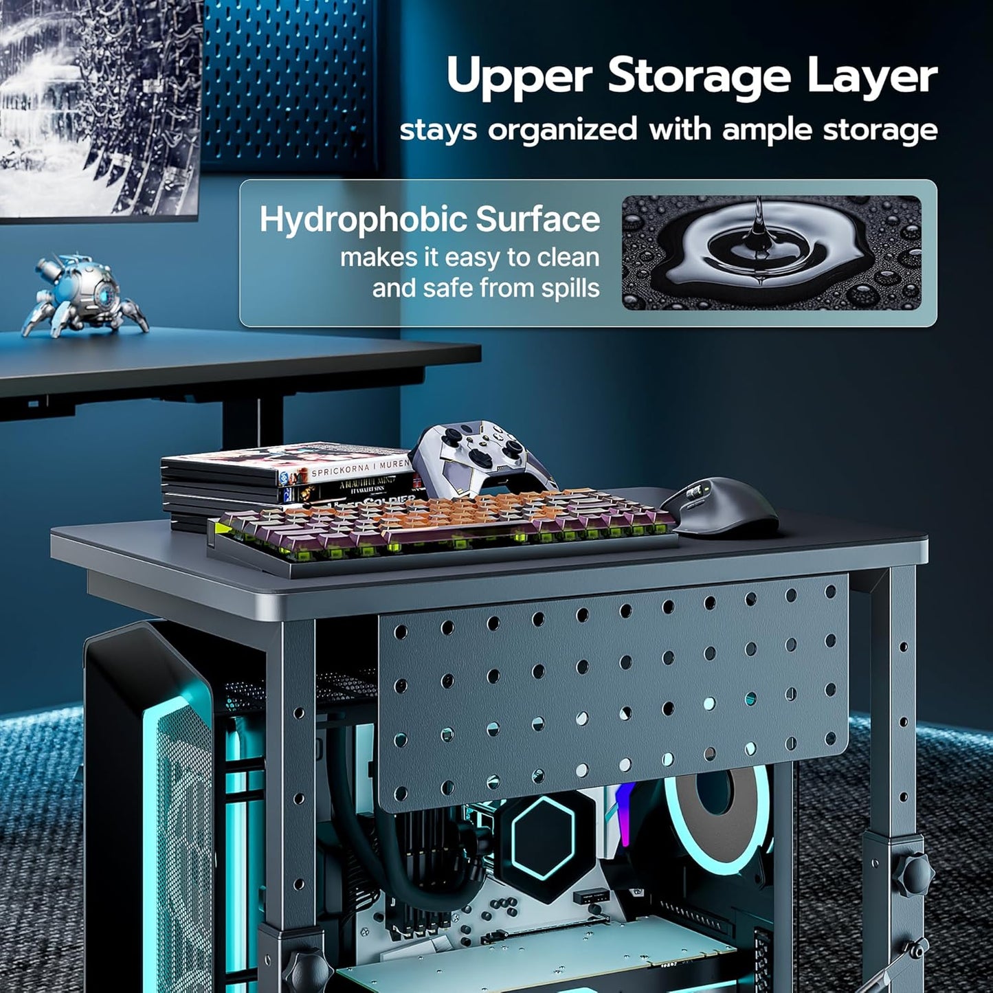 ARES WING Height Adjustable Computer Tower Stand, 2-Tier PC Tower Stand for Most PC, CPU Holder Cart with Locking Wheels for Gaming Home Office, 21.7"-33.5" Height