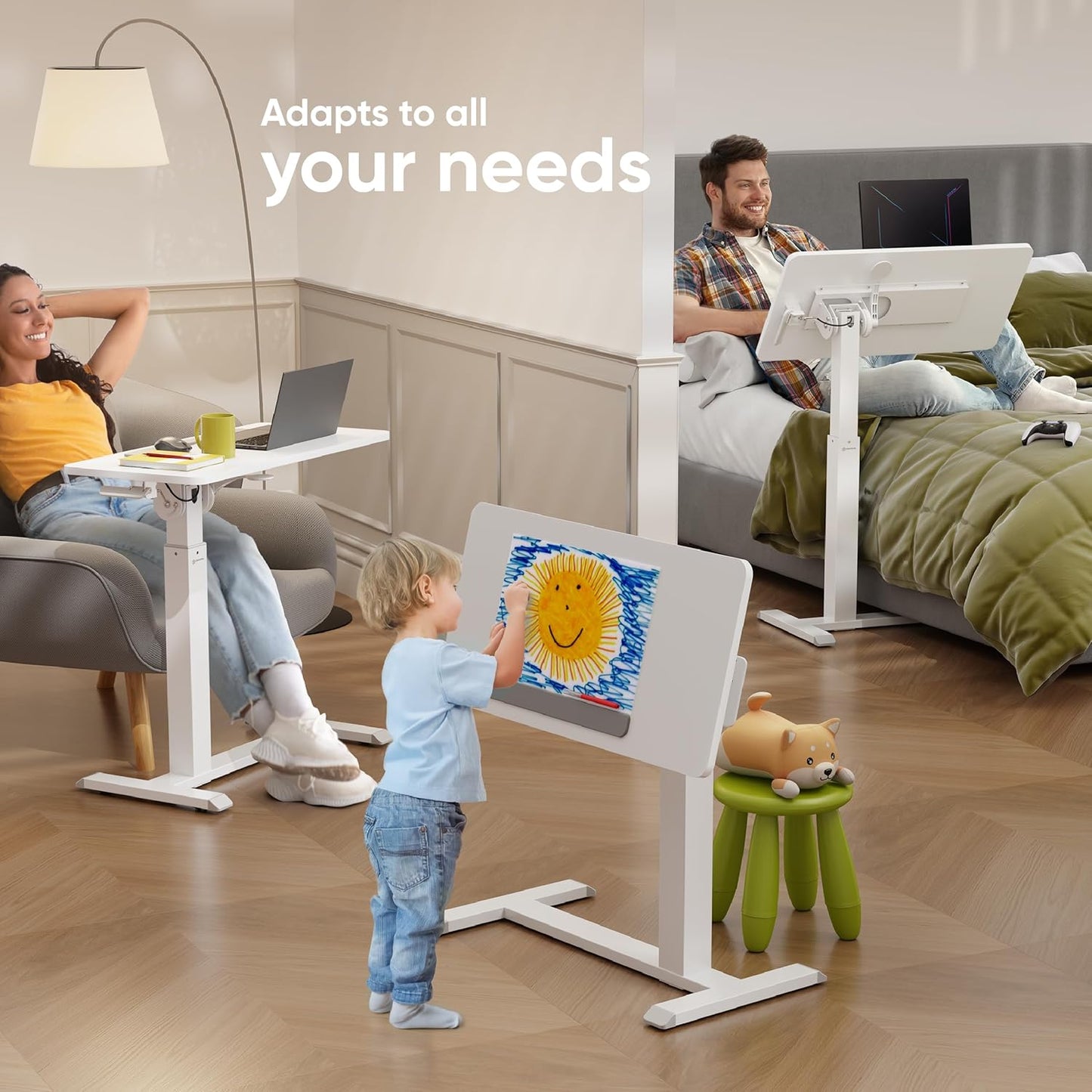 ONKRON Laptop Cart on Wheels, max Load up to 17.6 lbs, Small Rolling Table with Hidden Wheels, Mobile Standing Desk Adjustable Height, 90° Tilting Portable Workstation, Overbed Bedside Desk White