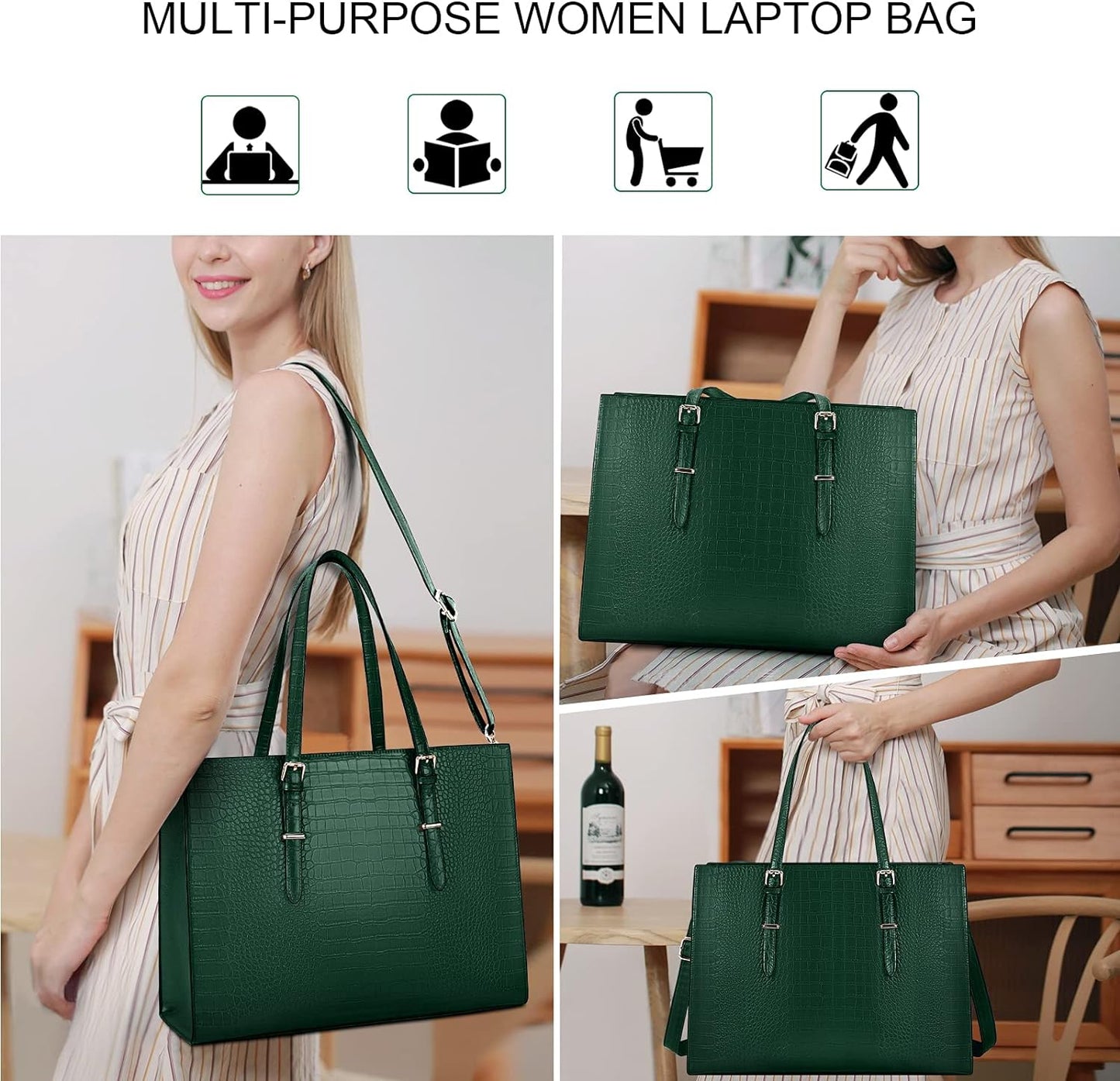 Laptop Bag for Women 15.6 Inch Laptop Tote Bag Leather Classy Computer Briefcase for Work Waterproof Handbag Professional Shoulder Bag Women Business Office Bag Large Capacity Green