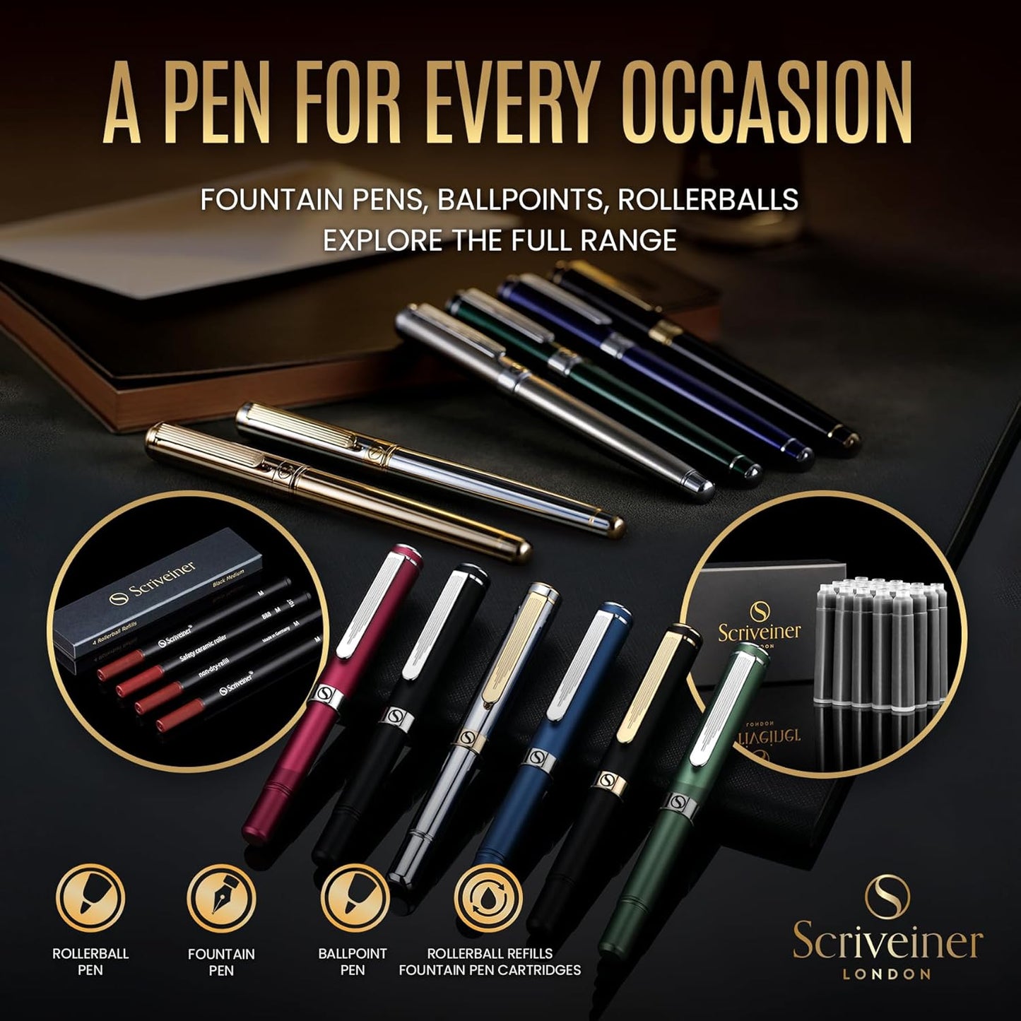 Scriveiner Luxury Fountain Pen - Stunning Luxury Pen, Real Gold Finish, Schmidt Gilded Nib (Medium), Converter, Best Pen Gift Set for Men & Women, Professional, Executive, Office, Nice Pens