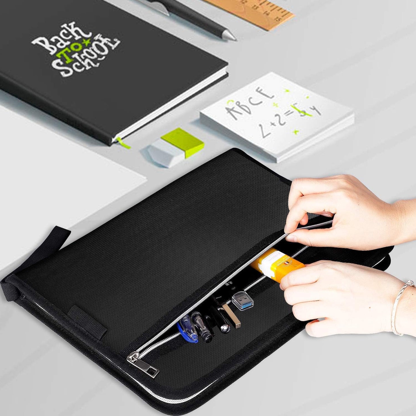 Fireproof Safe Waterproof Accordion File Bag Folder Expanding Filing Folder with 14 Multicolored Pockets, A4 Letter Size, Document Organizer Holder and Color Labels /2 Zipper (Black 14.3" x 9.8")