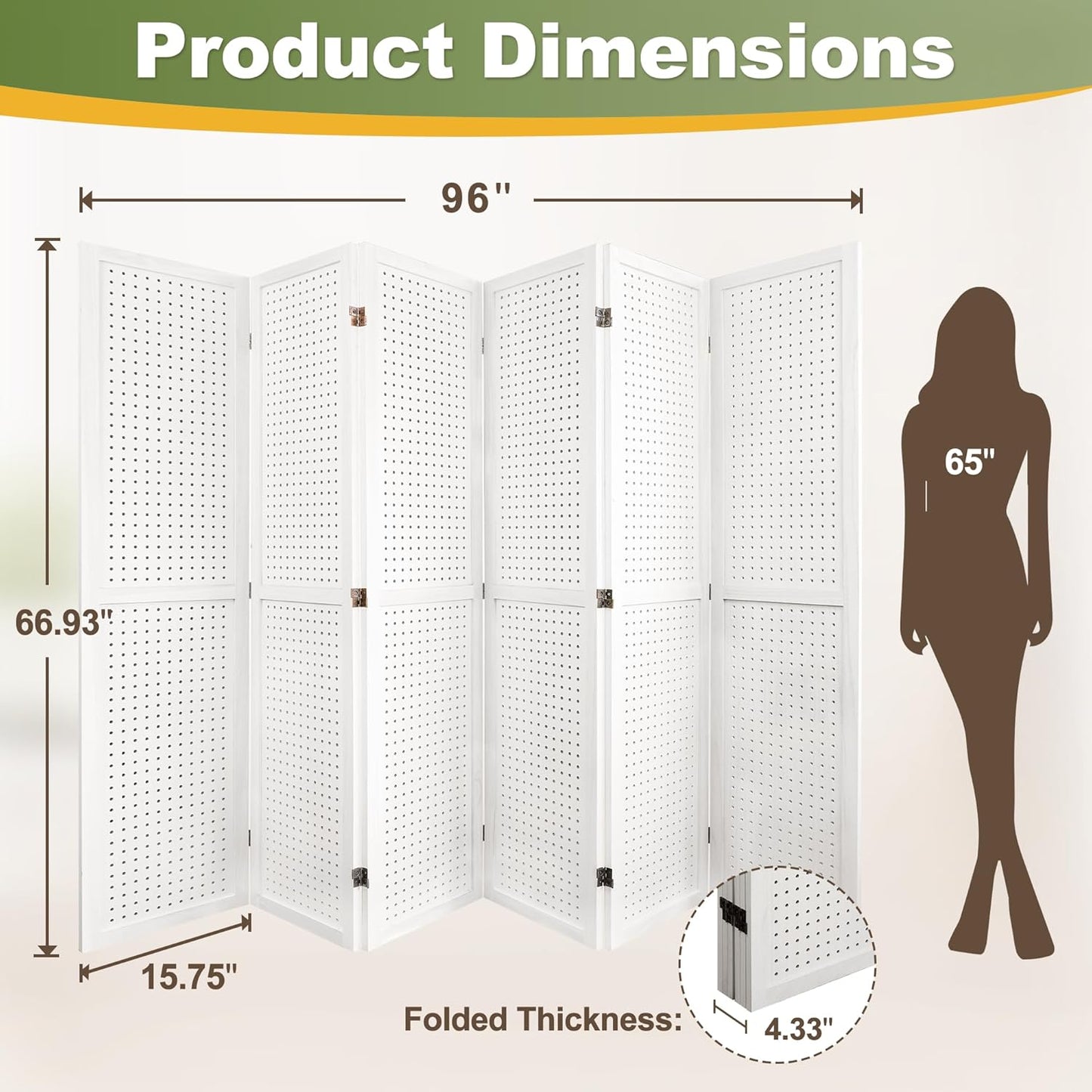 NicBex 6 Panel Pegboard Display,5.6FT Wood PegBoard Room Dividers,Folding Privacy Screens Portable Freestanding Display Board for Craft/Art Shows,Room Separation,White