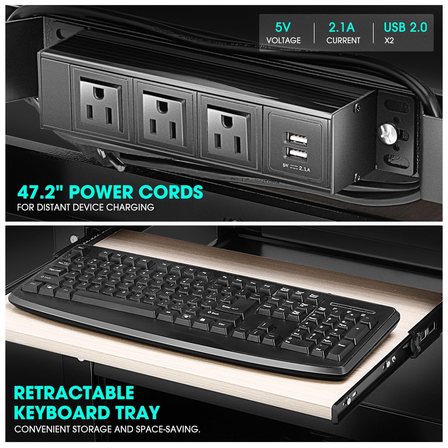 DNA MOTORING Steel AV Cart with Extra Storage, 24" X 18" X 20.7"-30" Height Adjustable 2-Layer Utility Rolling Projector Cart w/Wheels, Pull Out Tray, Power Strip, Cord Management, TOOLS-00496