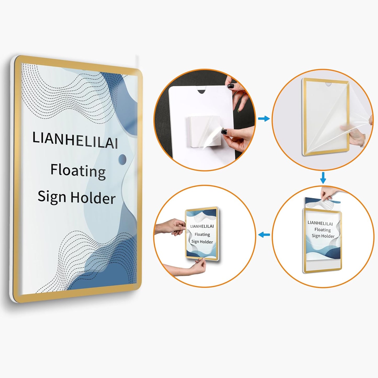 8.5x11 Wall Sign Holder Floating 3 Pack, Self-Adhesive Display Frame for Document/Poster/Paper Office/Store/Wall Mounted for Door/Window Display Holder with Horizontal and Vertical (Gold)