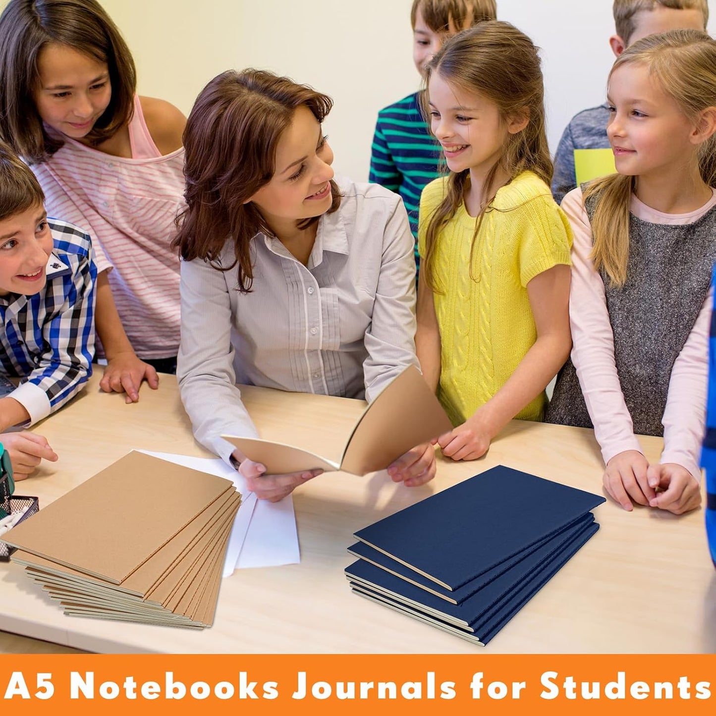 100 Pcs Kraft Notebook Journals 5.5 Inch x 8.3 Inch A5 Softcover Notebooks Bulk for Writing Sketch Office Notepad with 60 Pages 30 Sheets(Brown, Navy,Lined)