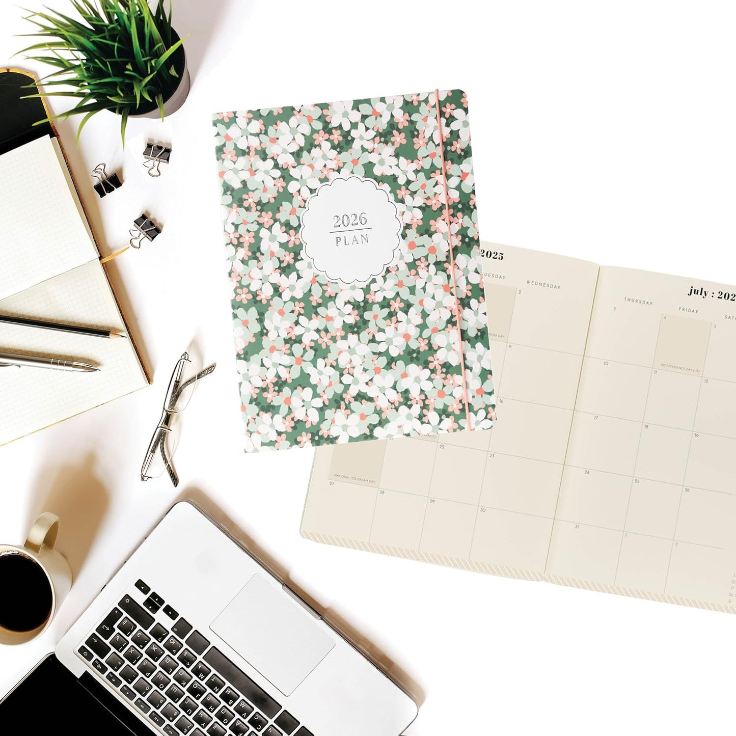 18 Month Planner/Calendar by Graphique, July 2025 – Dec. 2026 Green Floral Monthly Planner, Holidays, Notes Pages, 8” x 10”