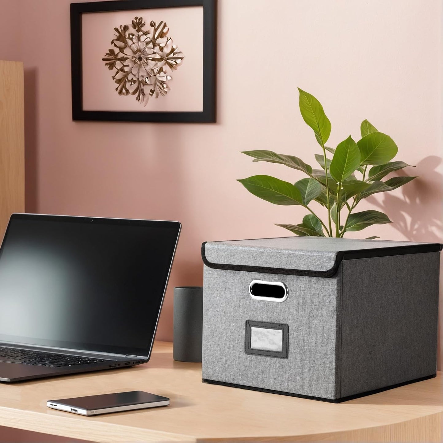 File Organizer Box, Linen Filing Organizer with Lid, Large Desktop File Boxes,Dark Grey