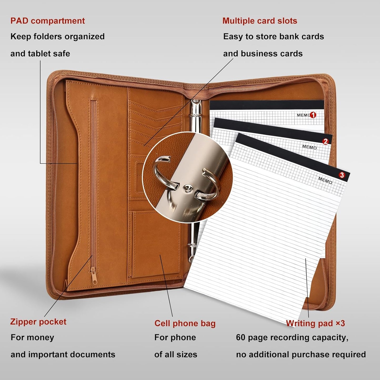 Leathario Portfolio Binder, Includes 10 Sheet Protectors and 3 Notepads, 3-Ring Folder Organizer, A4 Padfolio with Zipper, Vegan Leather Tablet Sleeve, Business Office Conference Clipboards