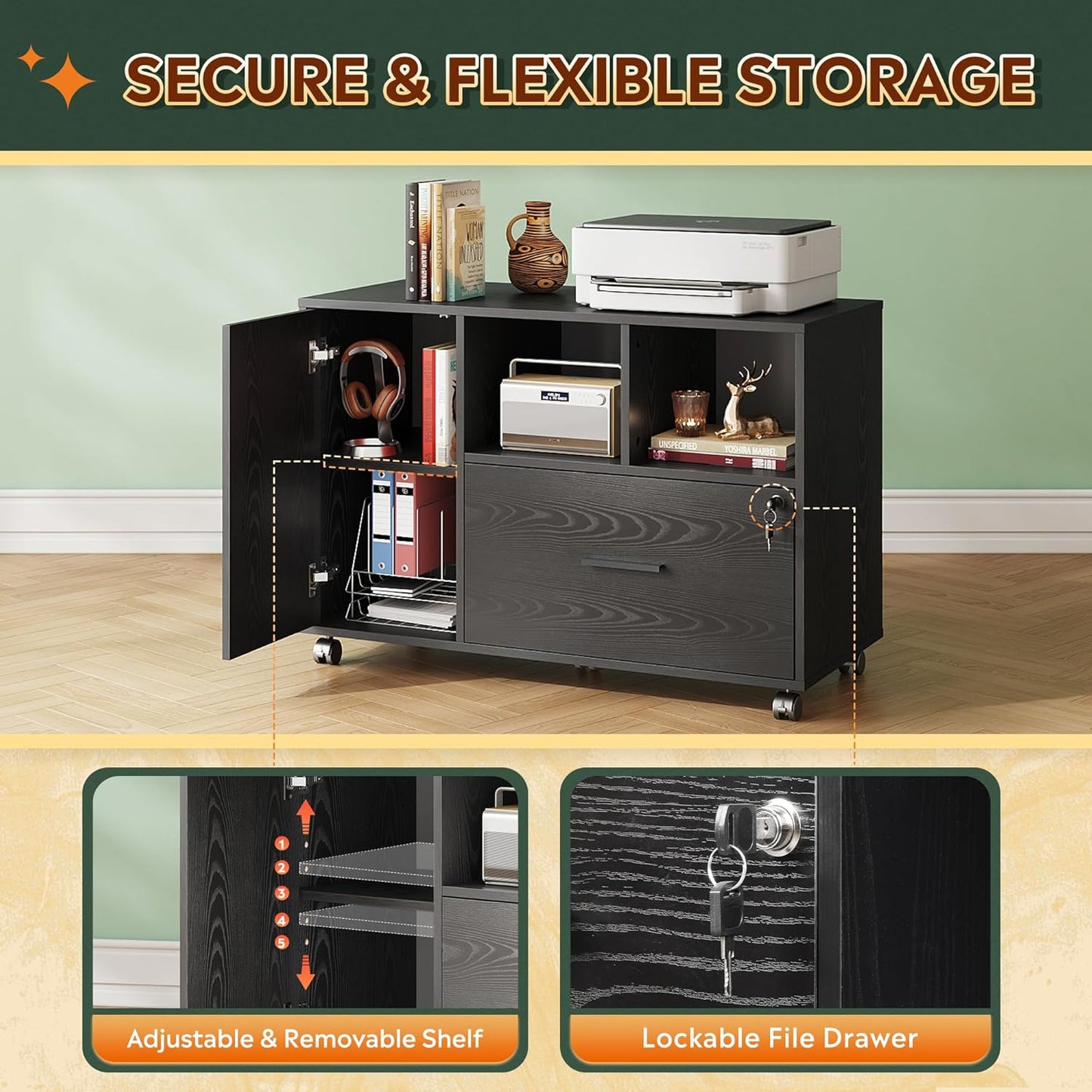 DEVAISE Office File Cabinet with Lock, 1-Drawer Wood Lateral Filing Cabinet on Wheels, Printer Stand with Open Storage Shelves for Home Office, Black