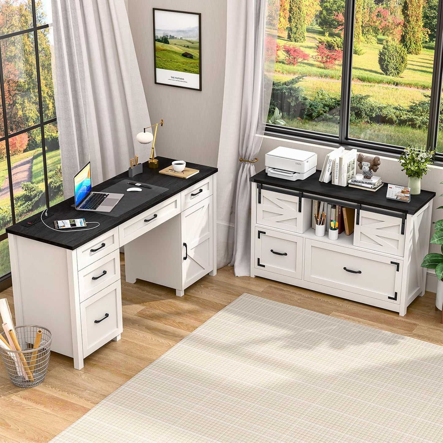 Lateral File Cabinets 2 Drawer with Sliding Barn Doors, Farmhouse Filing Cabinet with 2 Drawer for Home Office,Filing Organization Storage Cabinets for Hanging Files Letter/Legal/F4/A4.(Black.)