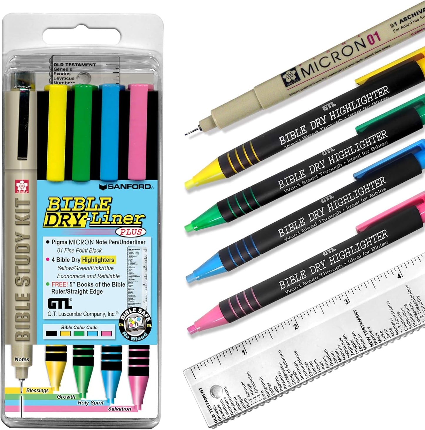 G.T. Luscombe Company, Inc. Bible Dry-Liner, Yellow, Green, Blue, Pink Highlighters, Pigma Micron 01 Black Ink, No Bleed, Underlining Writing Pen & Books of the Bible Ruler, 5-Piece Set Study Kit