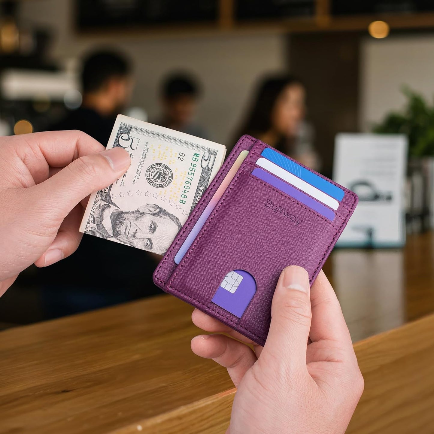 Buffway Slim Minimalist Front Pocket RFID Blocking Leather Wallets for Men and Women - Cross Purple